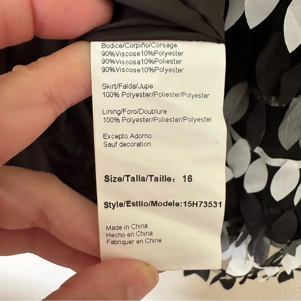 Laundry by Shelli Segal Dress Girls Sz 16 Leaf Detail Artsy, Black White Silver